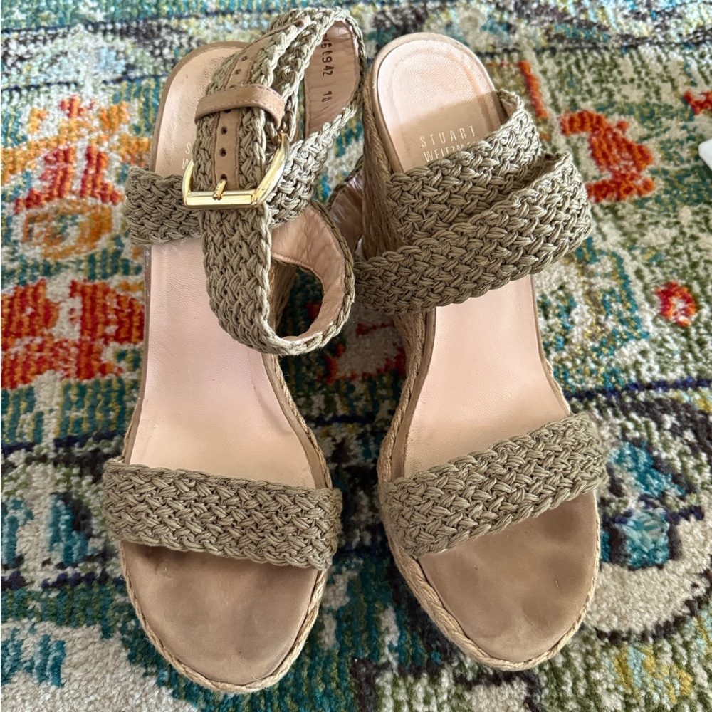 Stuart Weitzman Tan Woven Espadrille Wrap Sandals